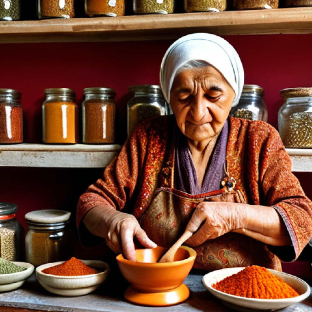 **

A vibrant, close-up shot of an elderly Turkish woman in her sun-drenched kitchen, meticulously grinding spices with a mortar and pestle. Jars filled with colorful, homemade spice blends line the shelves behind her. Focus on the textures of the spices and the woman's weathered hands. The overall mood is warm and inviting, capturing the essence of traditional Turkish cooking.

**