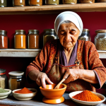 **

A vibrant, close-up shot of an elderly Turkish woman in her sun-drenched kitchen, meticulously grinding spices with a mortar and pestle. Jars filled with colorful, homemade spice blends line the shelves behind her. Focus on the textures of the spices and the woman's weathered hands. The overall mood is warm and inviting, capturing the essence of traditional Turkish cooking.

**