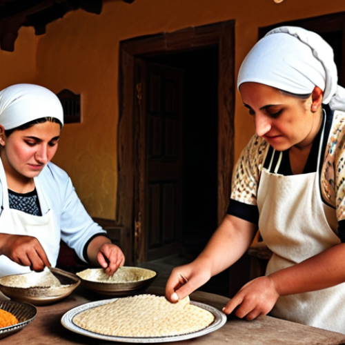 **Kayseri Manti Preparation:** A photograph capturing the scene of women in a village house in Kayseri, Turkey, collaboratively preparing manti. Focus on the traditional setting, the handmade aspect of the dish, and the cultural significance of women working together. Include elements like wooden tables, traditional clothing, and ingredients such as dough and ground meat. The image should evoke a sense of warmth, tradition, and community.