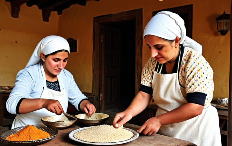 **Kayseri Manti Preparation:** A photograph capturing the scene of women in a village house in Kayseri, Turkey, collaboratively preparing manti. Focus on the traditional setting, the handmade aspect of the dish, and the cultural significance of women working together. Include elements like wooden tables, traditional clothing, and ingredients such as dough and ground meat. The image should evoke a sense of warmth, tradition, and community.